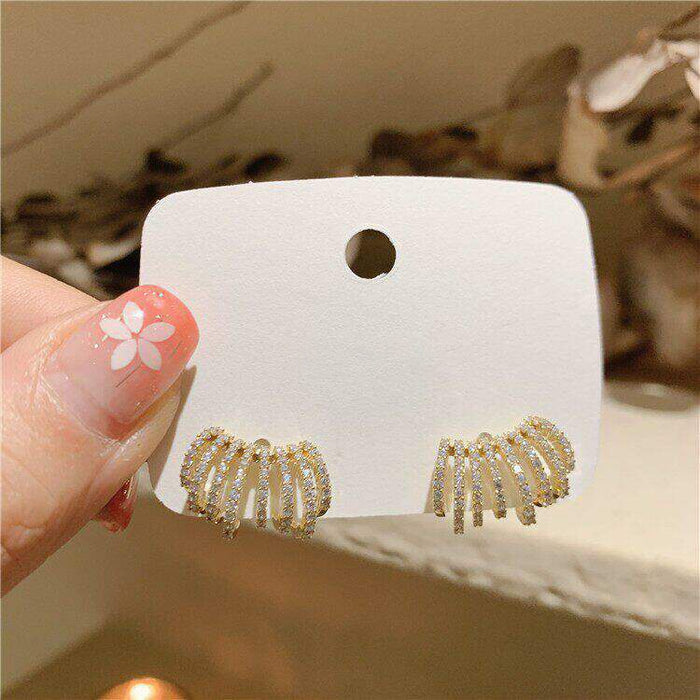 14K Gold Plated Copper Zircon Multi Layer C Shaped Stud Earrings With Silver Posts