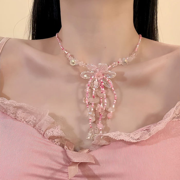 Pastoral Pink Glass Flower Beaded Necklace Sweet Summer Floral Clavicle Choker