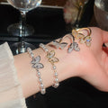 18K Gold Plated Zircon Butterfly Faux Pearl Bracelet Ring Jewelry Set For Women view 3