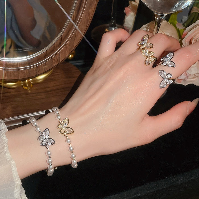 18K Gold Plated Zircon Butterfly Faux Pearl Bracelet Ring Jewelry Set For Women
