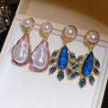 2026 Vintage Court Style Faux Pearl Teardrop Feather Stud Earrings With Silver Pins view 4
