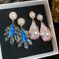 2026 Vintage Court Style Faux Pearl Teardrop Feather Stud Earrings With Silver Pins view 2