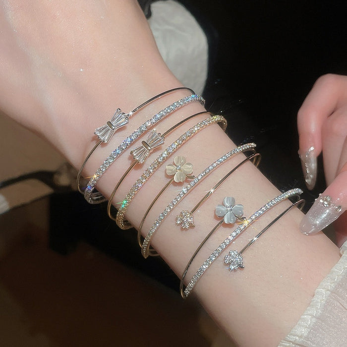 Korean Double Layer Open Copper Bangle With Square Zircon Floral Minimalist OL Style