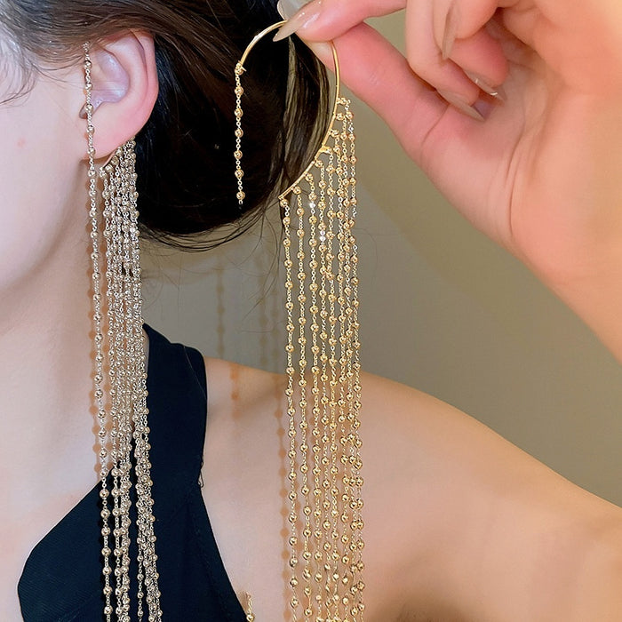 European Style Copper Multi-Layer Long Tassel Geometric Clip-on Earrings For Non-Pierced Ears
