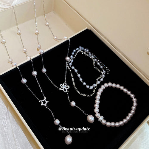Sparkling Zircon Star Faux Pearl Beaded Necklace Bracelet Anklet Jewelry Set For Women