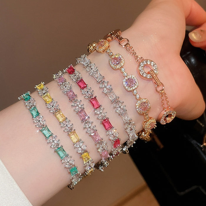 Korean Style Copper Beaded Bracelet With Sparkling Zircon Square Flower Charm