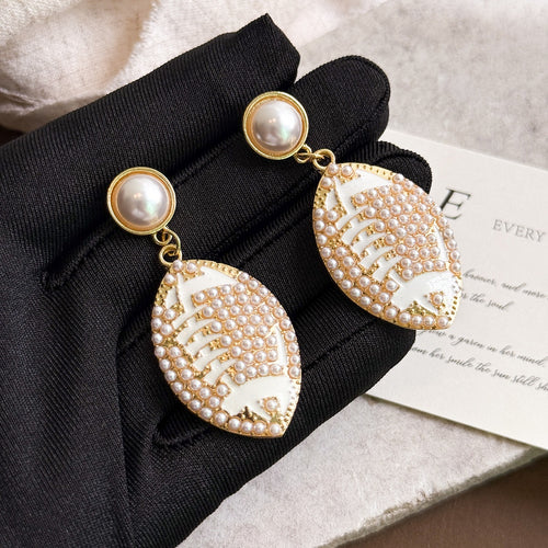 Vintage French Football Shape Pearl Enamel Rhinestone Alloy Dangle Luxury Women's Earrings