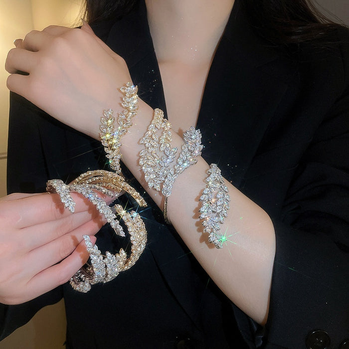 Light Luxury Copper Zircon Triple Layer Wheat Leaf Crossover Open Cuff Bangle
