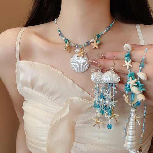 Shell Starfish Crystal Beaded Tassel Necklace And Ear Hook Jewelry Set For Women Beach Vacation Style