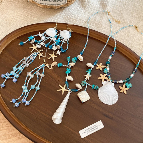 Shell Starfish Crystal Beaded Tassel Necklace And Ear Hook Jewelry Set For Women Beach Vacation Style