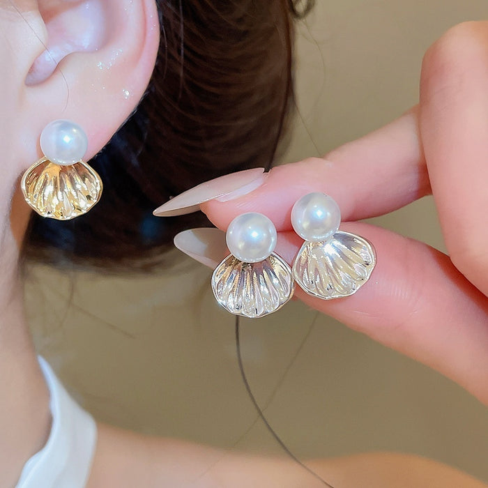 Light Luxury Fan Shaped Faux Pearl Stud Earrings With Silver Needles For Versatile Fashion Style