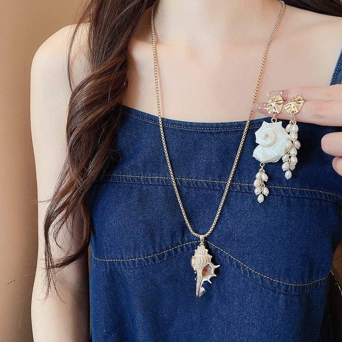 Shell Conch Starfish Pearl Necklace Stud Earrings Jewelry Set For Women Summer Statement Design