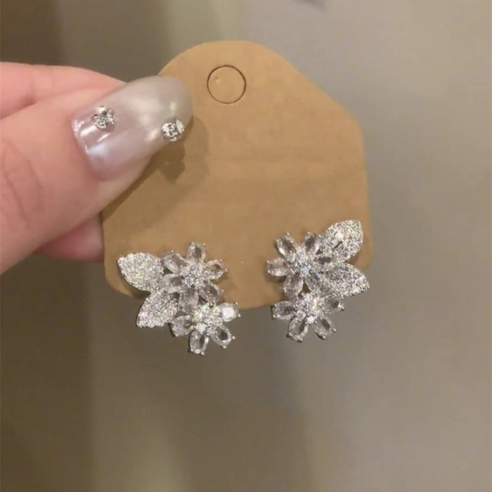 Copper Zircon Flower Leaf Stud Earrings, Elegant Light Luxury Fashion Jewelry