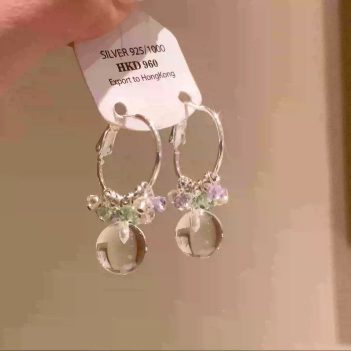 Fresh Forest Style Artificial Crystal Bead Round Pendant Hoop Earrings For Women Vacation Jewelry