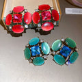 Vintage Old Money Cat Eye Stone Oval Stud Earrings With Crystal Accents And Silver Posts view 2