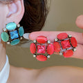Vintage Old Money Cat Eye Stone Oval Stud Earrings With Crystal Accents And Silver Posts view 1