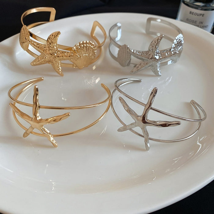 Metal Starfish Shell Open Bangle, European Beach Vacation Style Statement Jewelry