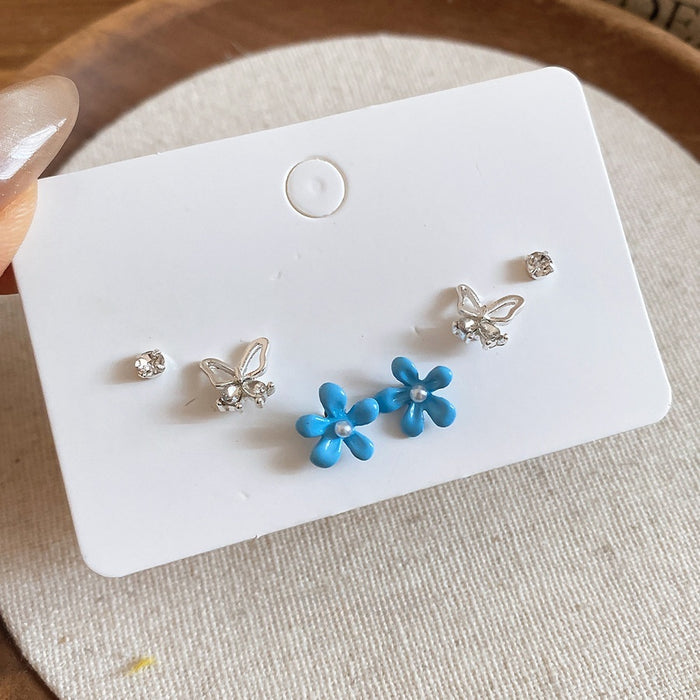 Alloy Rhinestone Enamel Flower Butterfly Stud Earrings, Fresh Sweet Elegant Versatile Style