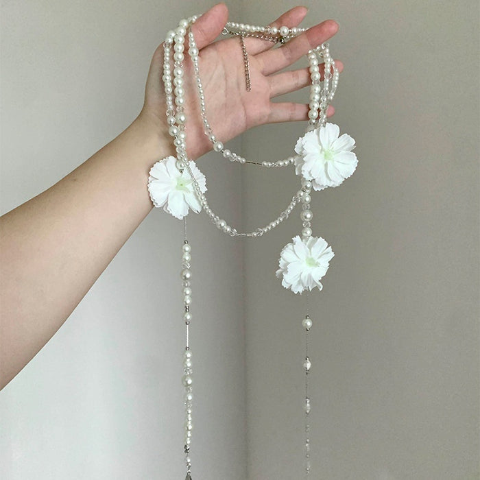French Vintage Floral Beaded Faux Pearl Layered Sweater Necklace Pastoral Collarbone Chain