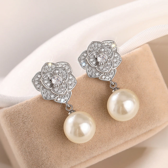 Rose Flower Faux Pearl Drop Earrings For Women, Camellia Lady Princess Elegant Fashion Jewelry