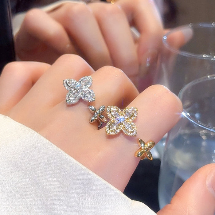 French Sparkling Zircon Flower Open Ring With Elegant Design For Women