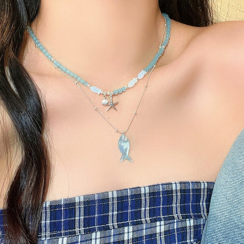Blue Acrylic Beaded Fish Starfish Necklace For Women Vacation Layered Collarbone Jewelry