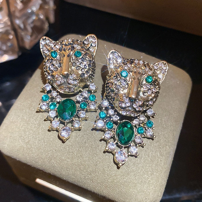 Vintage Court Style Rhinestone Cheetah Oval Pendant Drop Earrings For Women