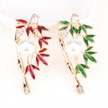Green Enamel Leaf Branch Brooch With White Pearl And Gold Tone view 4