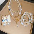 Vintage Ceramic Bead Pearl Jewelry Set, Old Money New Chinese Necklace Bracelet And Stud Earrings view 1