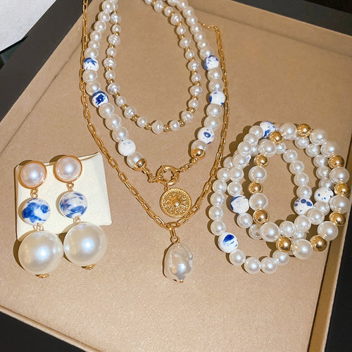 Vintage Ceramic Bead Pearl Jewelry Set, Old Money New Chinese Necklace Bracelet And Stud Earrings