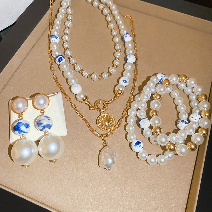 Vintage Ceramic Bead Pearl Jewelry Set, Old Money New Chinese Necklace Bracelet And Stud Earrings