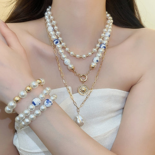 Vintage Ceramic Bead Pearl Jewelry Set, Old Money New Chinese Necklace Bracelet And Stud Earrings