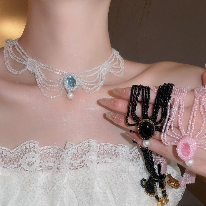French Court Style Multi Layer Crystal Beaded Lace Pearl Collarbone Necklace For Women