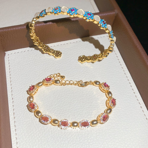 Copper Zircon Cat Eye Stone Flower Bangle Oval Court Style Light Luxury Bracelet for Women