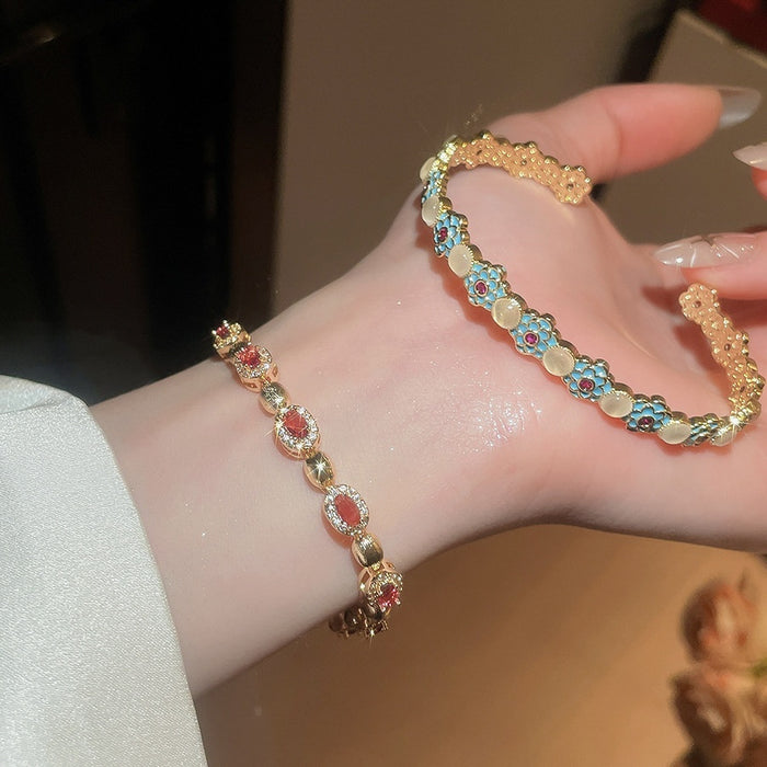 Copper Zircon Cat Eye Stone Flower Bangle Oval Court Style Light Luxury Bracelet for Women