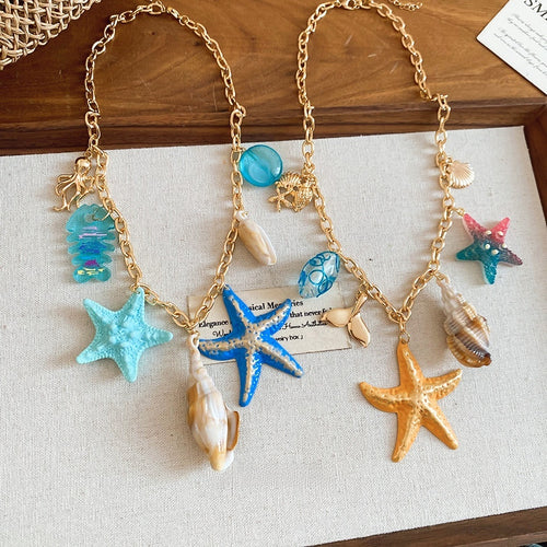 Old Money Style Iron Starfish Conch Necklace, Seaside Vacation Sweet Collarbone Jewelry