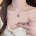 Copper Round Zircon Stud Earrings Ring Necklace Jewelry Set Elegant Court Style Evening Accessories view 4