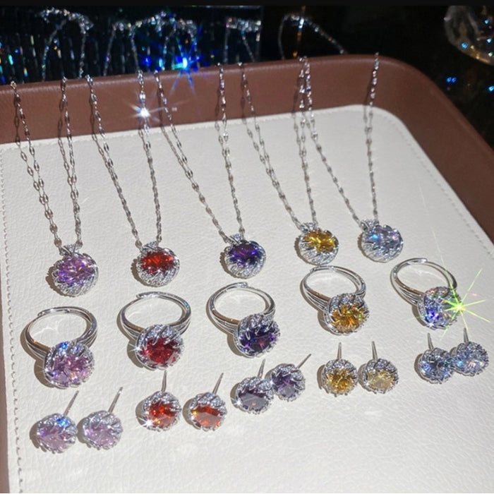 Copper Round Zircon Stud Earrings Ring Necklace Jewelry Set Elegant Court Style Evening Accessories