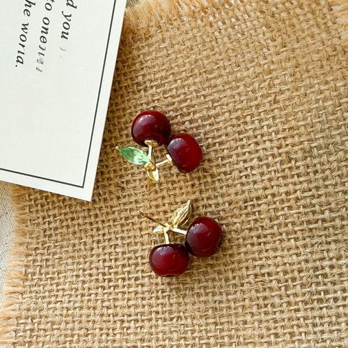 Vintage Burgundy Cherry Studs With Green Crystal Leaf Gold Alloy Sweet Elegant Women's Earrings