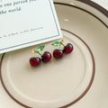 Vintage Burgundy Cherry Studs With Green Crystal Leaf Gold Alloy Sweet Elegant Women's Earrings view 3