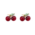 Vintage Burgundy Cherry Studs With Green Crystal Leaf Gold Alloy Sweet Elegant Women's Earrings view 5