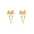 Light Luxury Gold Alloy Bowknot Stud Earrings, Elegant Niche Design Textured Ribbon Drop Fashion Earrings view 5