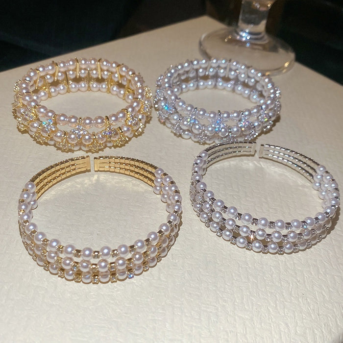 French Style Gold Plated Copper Open Bangle With Layered Rhinestone Pearl Vintage Design