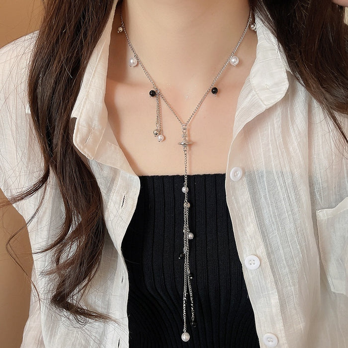 Sweet Cool Faux Pearl Crystal Beaded Tassel Saturn Pendant Clavicle Necklace For Women