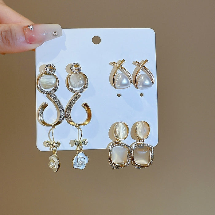 Light Luxury Cat Eye Stone Pearl Flower Geometric Stud Earrings With Silver Needle