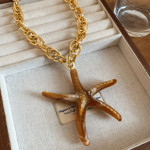 Old Money Bohemian Aluminum Starfish Conch Pendant Necklace Beach Vacation Collarbone Choker