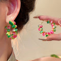 Rainbow Resin Round Beaded Hoop Earrings With Silver Pins, Forest Style Geometric Jewelry view 3