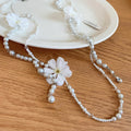 Sparkling Rhinestone Fabric Flower Faux Pearl Long Sweater Necklace French Princess Style view 2