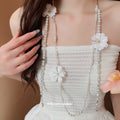 Sparkling Rhinestone Fabric Flower Faux Pearl Long Sweater Necklace French Princess Style view 3