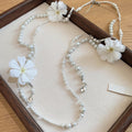 Sparkling Rhinestone Fabric Flower Faux Pearl Long Sweater Necklace French Princess Style view 4